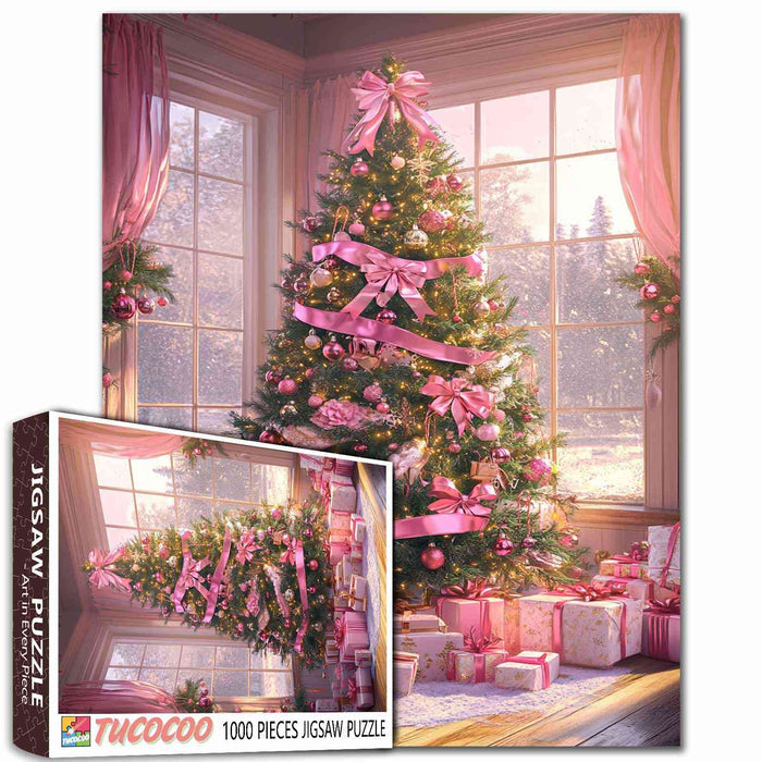 Pink Ribbon Christmas Tree Jigsaw Puzzle