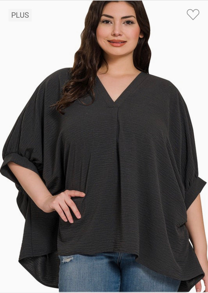 Plus woven airflow v-neck puff half sleeve