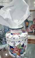 Porcelain Round Tissue Box In Tobacco Leaf Pattern