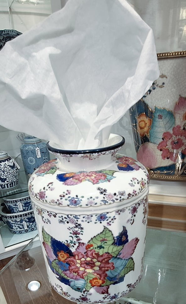 Porcelain Round Tissue Box In Tobacco Leaf Pattern