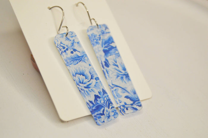 Preppy Earrings, Blue + White Chinoiserie Earrings, Acrylic