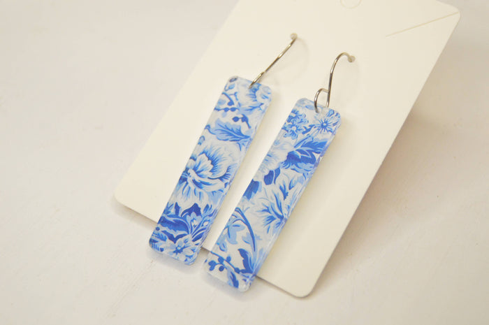 Preppy Earrings, Blue + White Chinoiserie Earrings, Acrylic