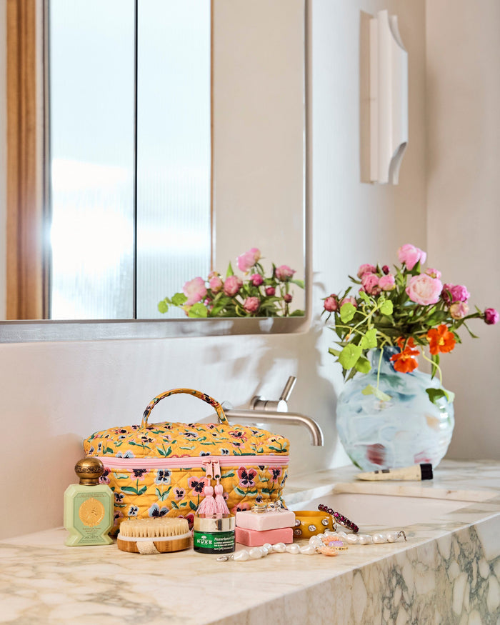 Pretty Pansy Quilted Cotton Toiletry Case