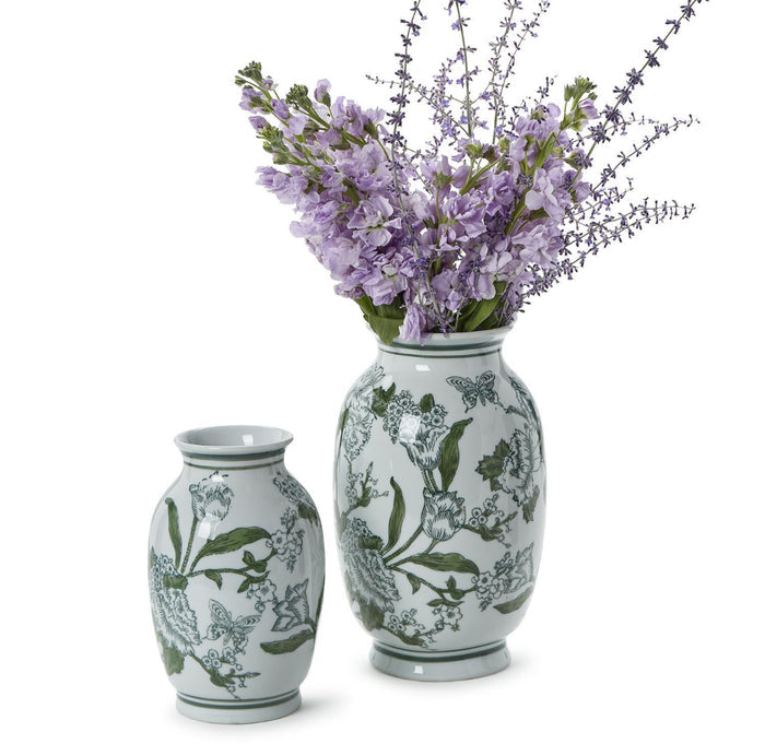 Primrose and Lotus Hand-Painted Green and White Chinoiserie Vases (color may vary) - Porcelain