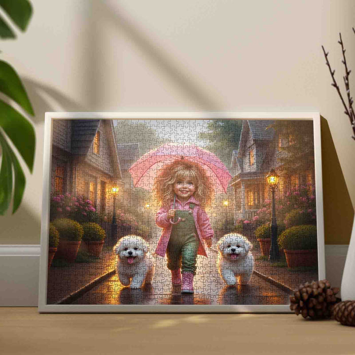 Rainy Evening Walk With Pink Umbrella Jigsaw Puzzle