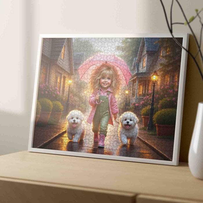 Rainy Evening Walk With Pink Umbrella Jigsaw Puzzle