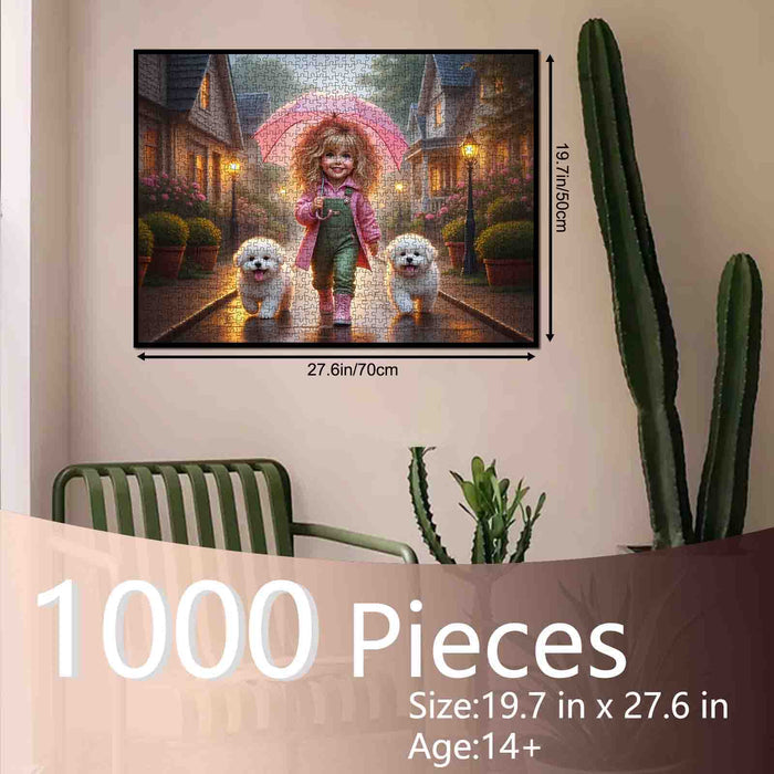 Rainy Evening Walk With Pink Umbrella Jigsaw Puzzle