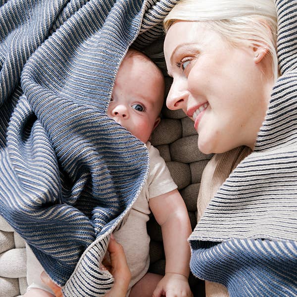 Ribbed Organic Cotton Throw Blanket Blue