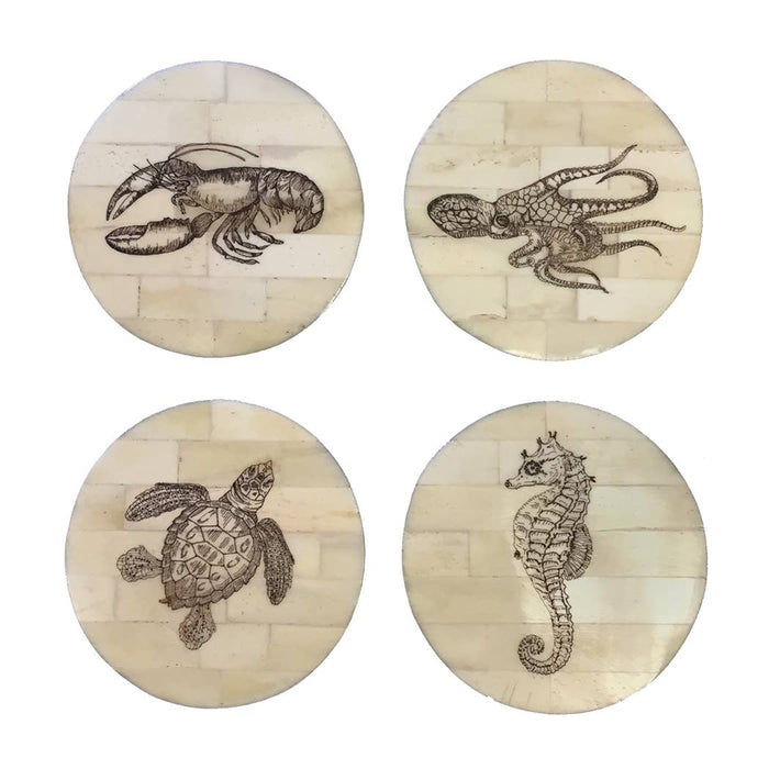 Sea Life Scrimshaw Bone Coasters (Set of 4) | Barware