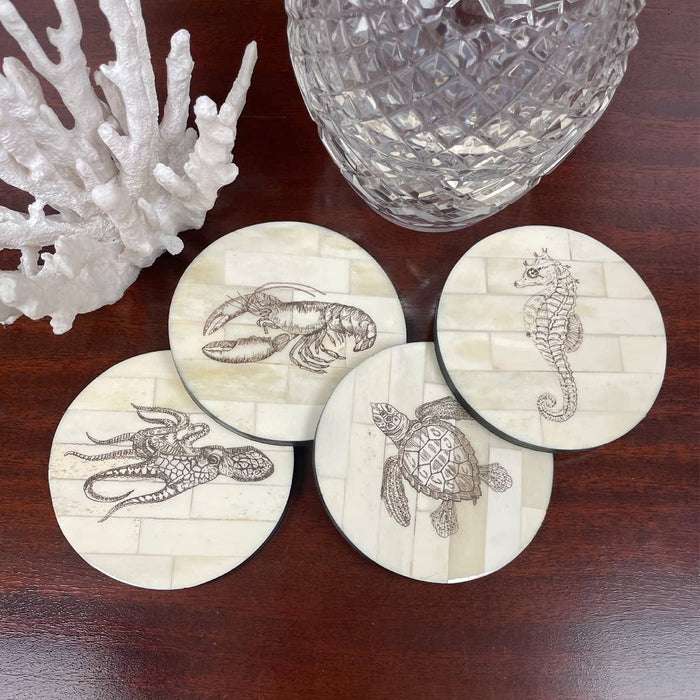 Sea Life Scrimshaw Bone Coasters (Set of 4) | Barware