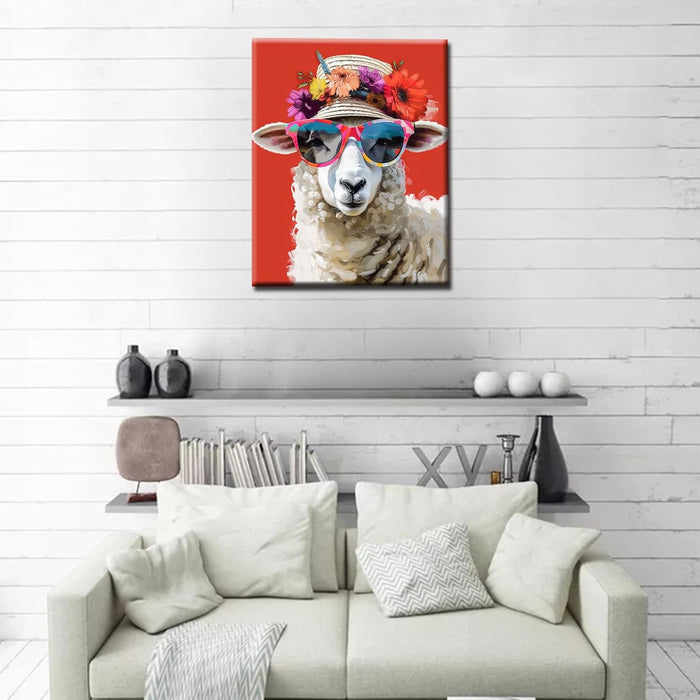 Sheep Wearing Shades Straw Hat Painting by Numbers
