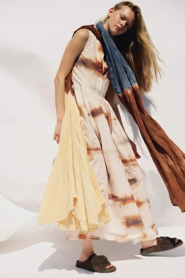 Silk Cotton Tank Maxi Dress - Sand Check