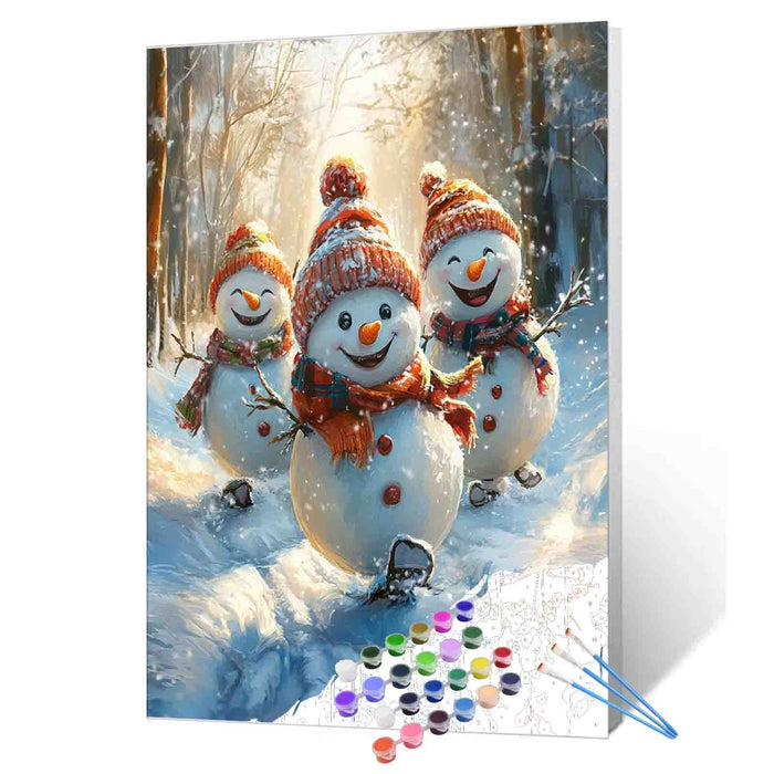 Skating Snowman Trio in Winter Forest Paint by Numbers