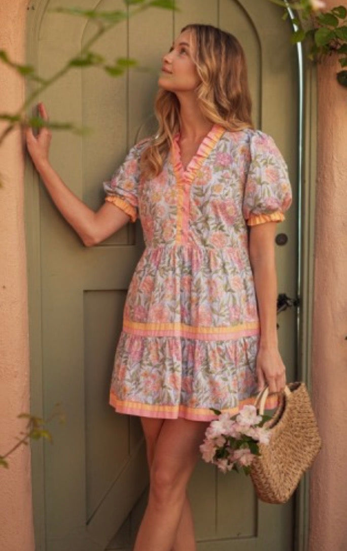 Sky blue tiered floral dress