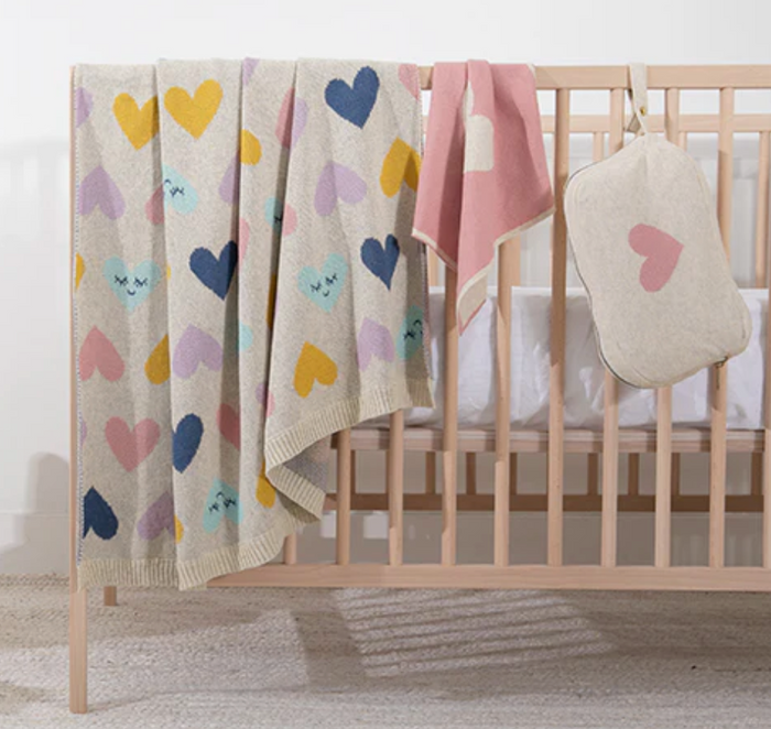 Smiley Hearts Organic Cotton Baby Blanket and Burp Cloth Set