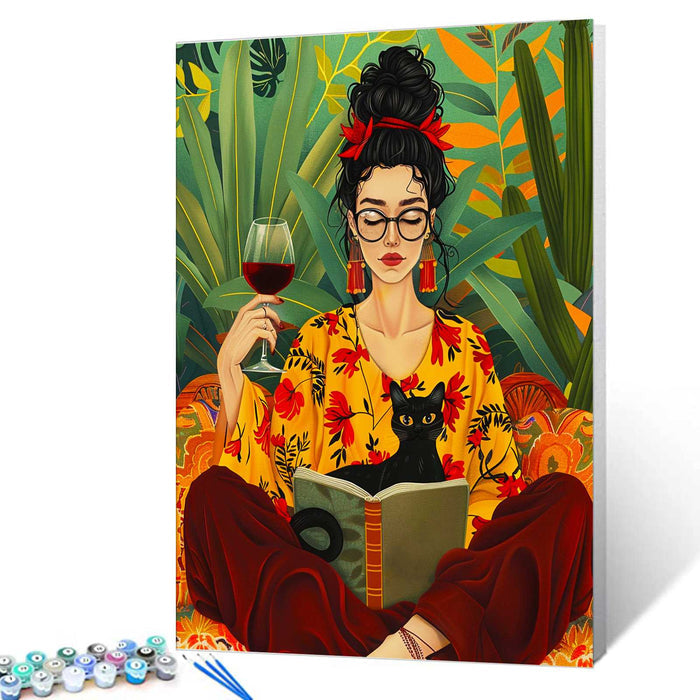 Stylish Woman Reading with Black Cat Paint by Numbers - Tucocoo