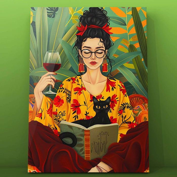 Stylish Woman Reading with Black Cat Paint by Numbers - Tucocoo