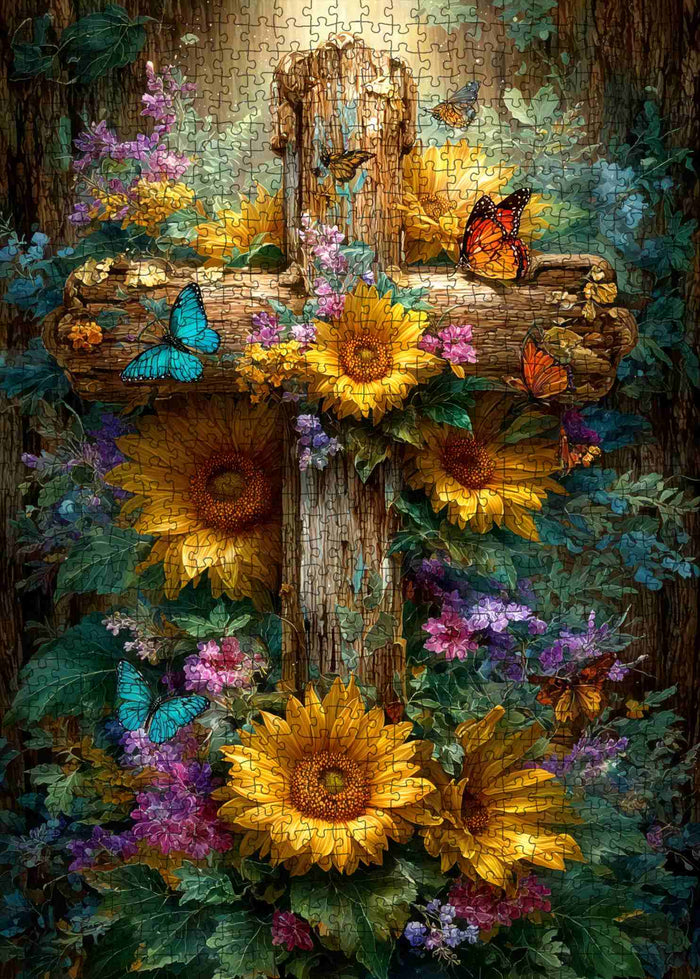 Sunflower Butterfly Woodland Cross Jigsaw Puzzle