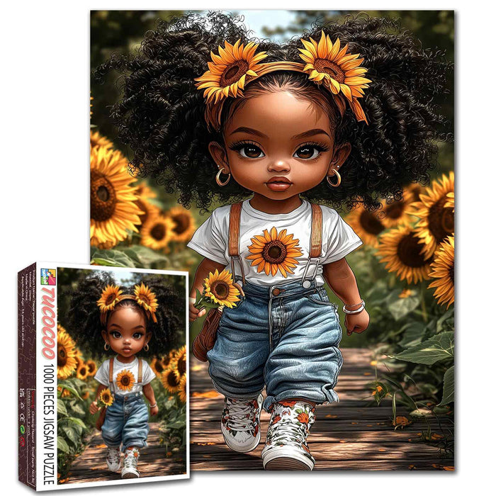 Sunflower Girl Walking Through Blooming Field Jigsaw Puzzle