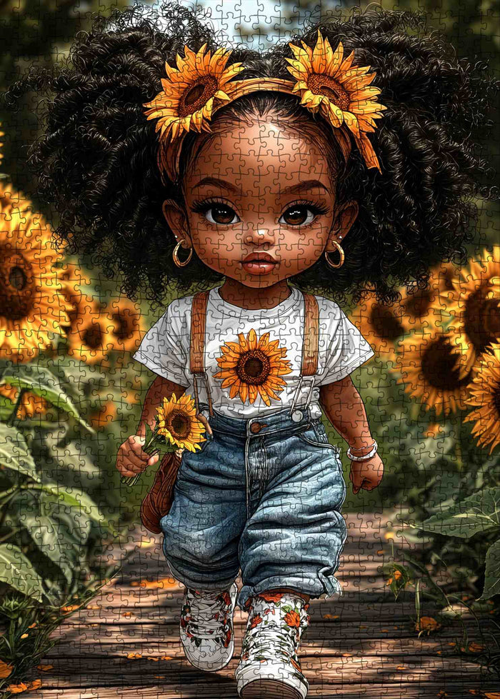 Sunflower Girl Walking Through Blooming Field Jigsaw Puzzle