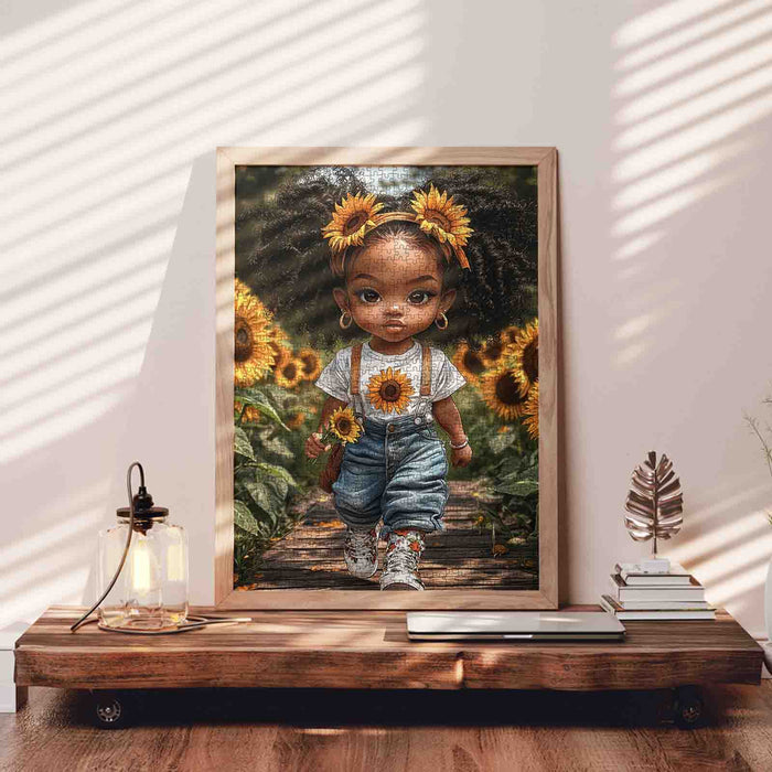 Sunflower Girl Walking Through Blooming Field Jigsaw Puzzle