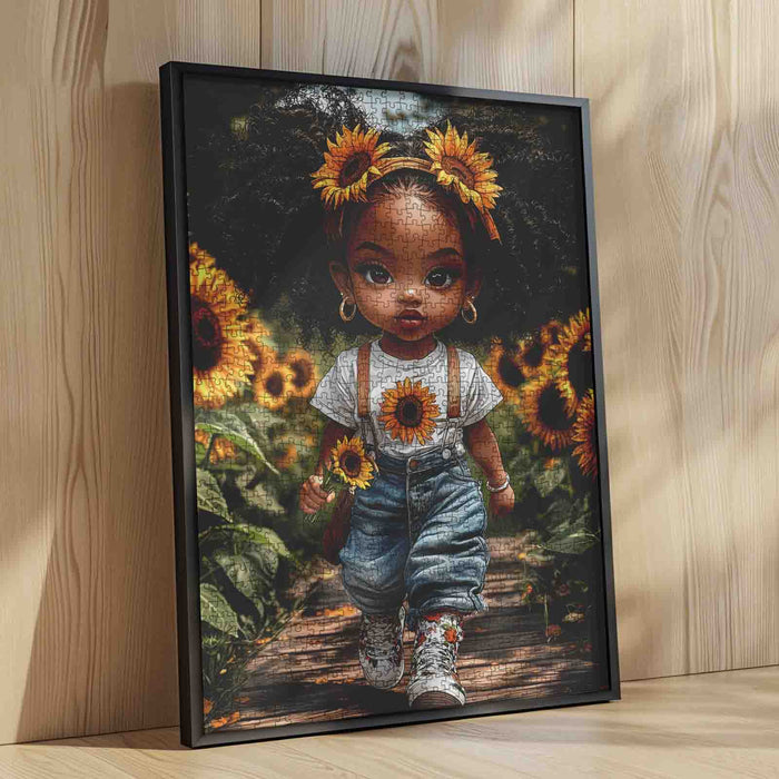 Sunflower Girl Walking Through Blooming Field Jigsaw Puzzle