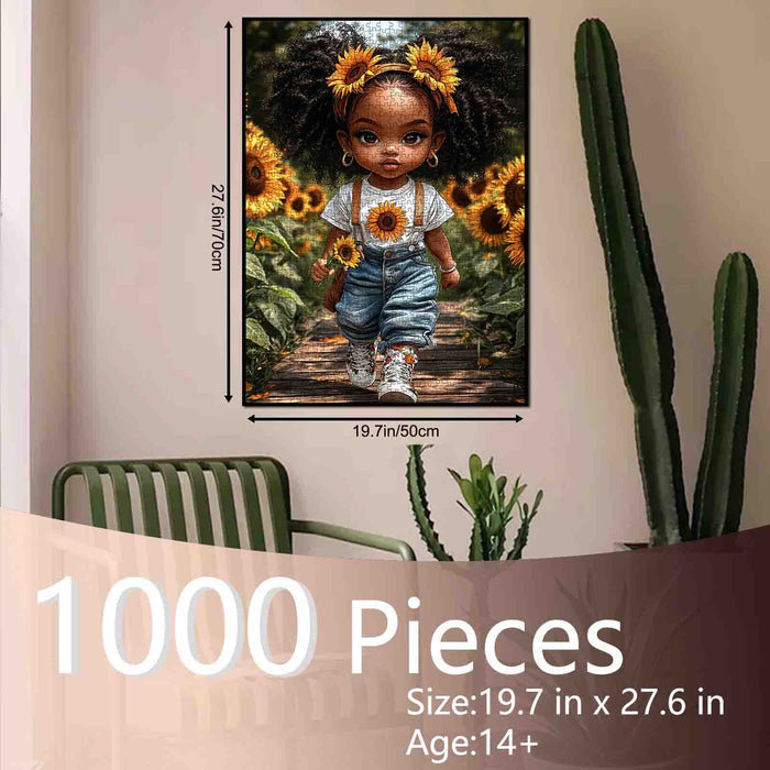 Sunflower Girl Walking Through Blooming Field Jigsaw Puzzle