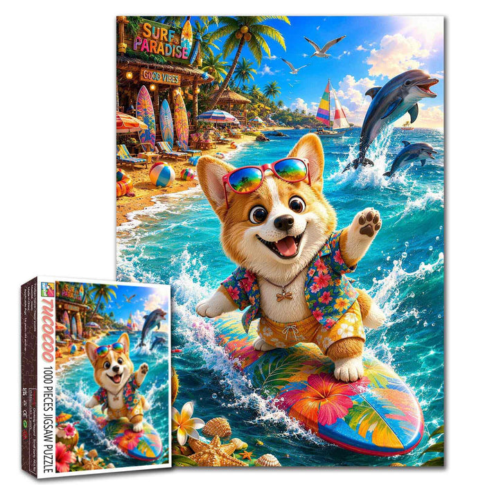 Surfing Corgi Tropical Beach Adventure Jigsaw Puzzle