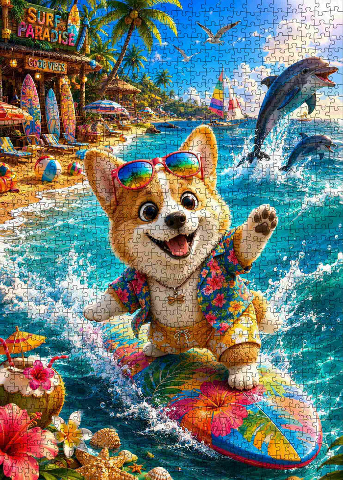 Surfing Corgi Tropical Beach Adventure Jigsaw Puzzle