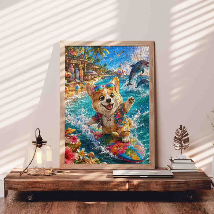 Surfing Corgi Tropical Beach Adventure Jigsaw Puzzle