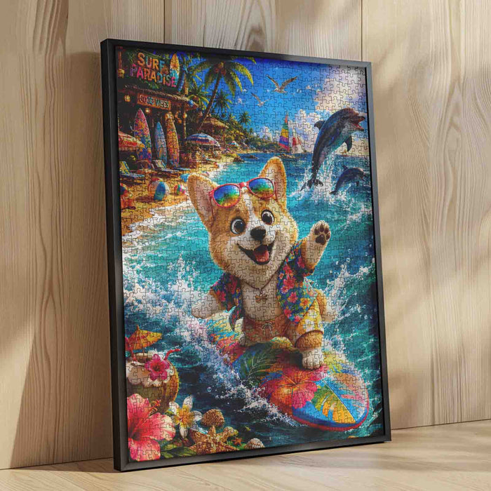 Surfing Corgi Tropical Beach Adventure Jigsaw Puzzle