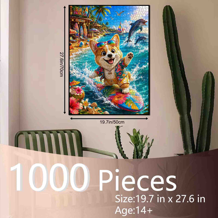 Surfing Corgi Tropical Beach Adventure Jigsaw Puzzle