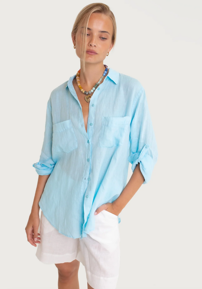 The Boyfriend Linen Shirt - Lift My Mood Blue