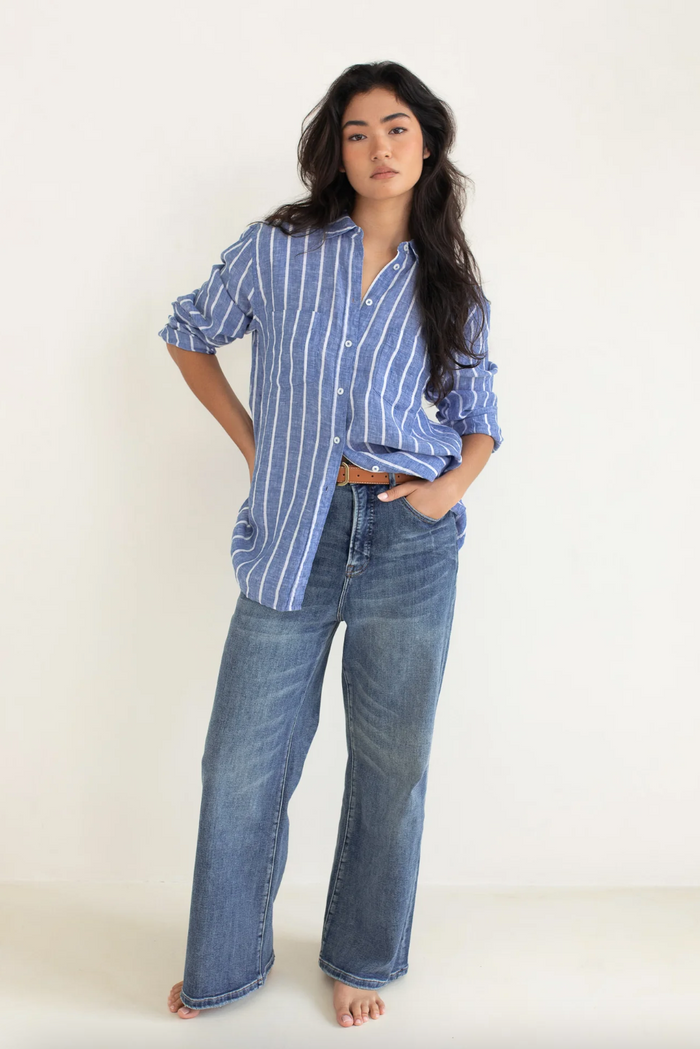 The Boyfriend Linen Shirt - Marine Stripe