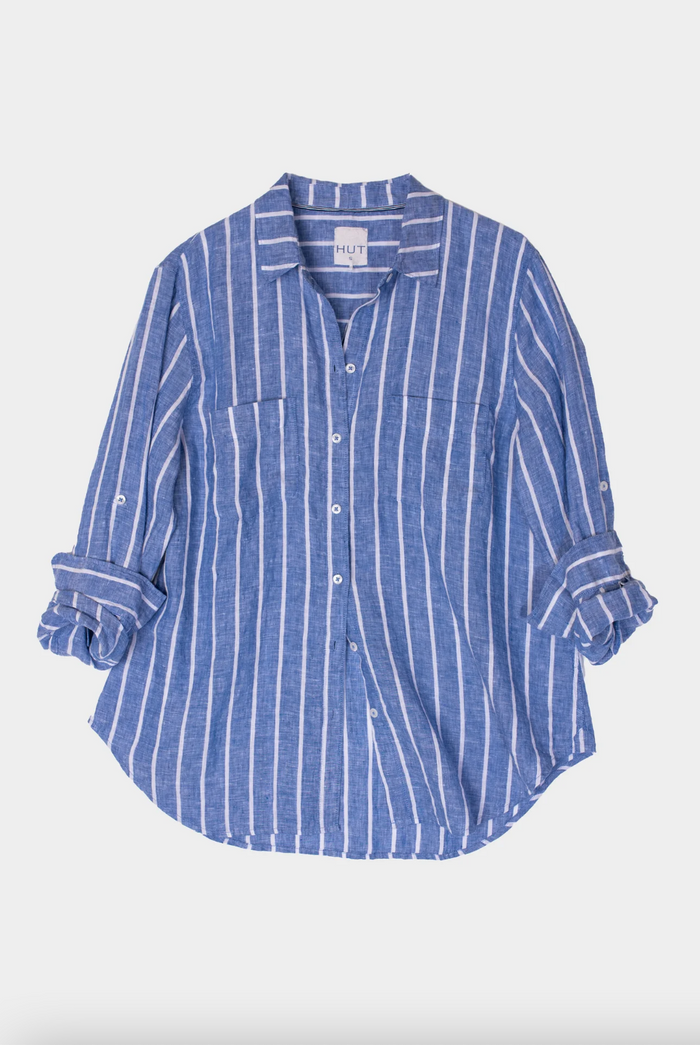The Boyfriend Linen Shirt - Marine Stripe