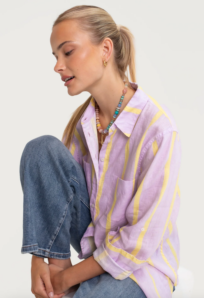 The Boyfriend Linen Shirt - Sunshine Mauve Stripe