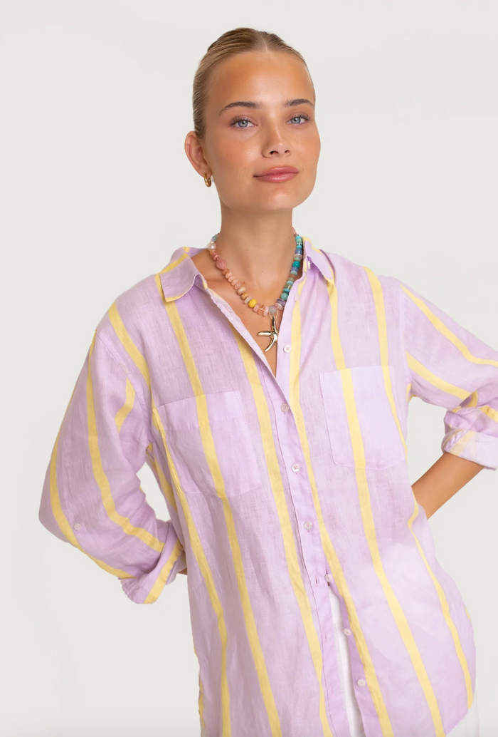 The Boyfriend Linen Shirt - Sunshine Mauve Stripe