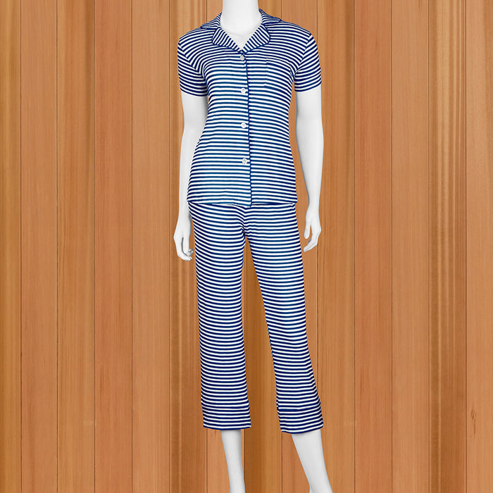 The Cat's Pajamas Women's Pima Knit Capri Set, Navy Essential Stripe