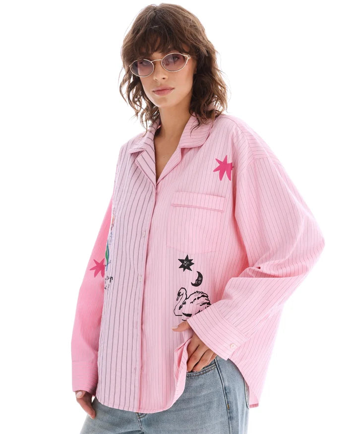 jumbled the tales lucky club shirt womens stripe pink collar button up star swan four leaf clover fun bright fashion australia orange nsw collaboration oversized cuff relaxed front pocket weekend wear workwear