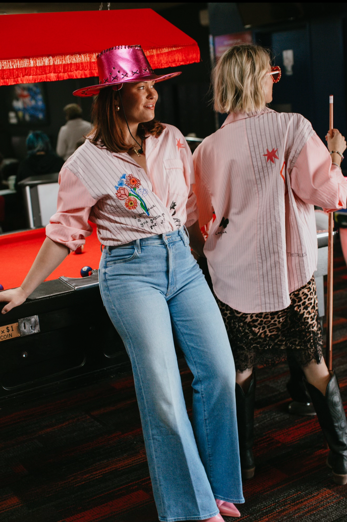 jumbled the tales lucky club shirt womens stripe pink collar button up star swan four leaf clover fun bright fashion australia orange nsw collaboration oversized cuff relaxed front pocket weekend wear workwear tenpin bowling pool cowboy denim jeans boots night out
