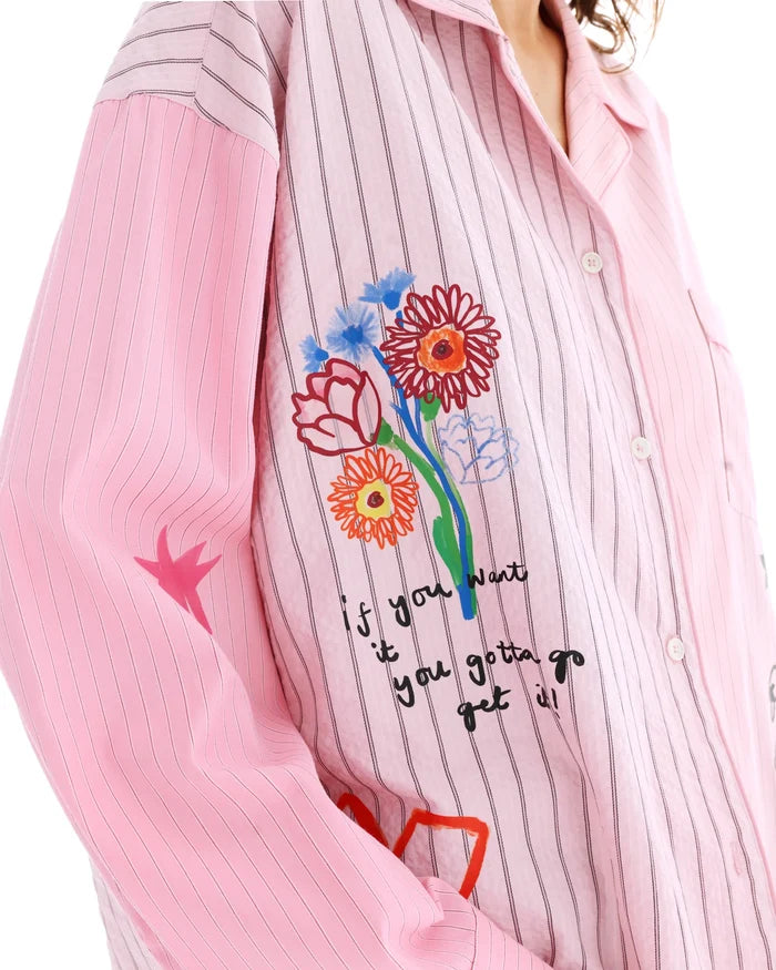 jumbled the tales lucky club shirt womens stripe pink collar button up star swan four leaf clover fun bright fashion australia orange nsw collaboration oversized cuff relaxed front pocket weekend wear workwear tenpin bowling pool cowboy denim jeans boots night out