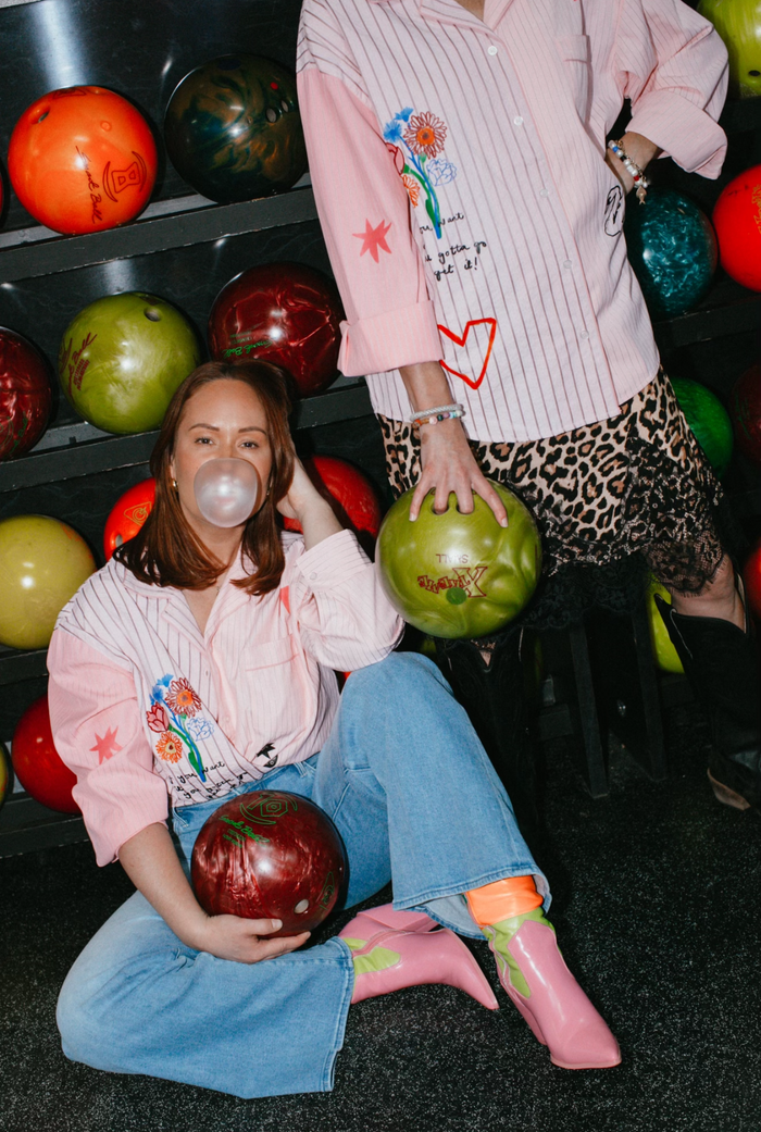 jumbled the tales lucky club shirt womens stripe pink collar button up star swan four leaf clover fun bright fashion australia orange nsw collaboration oversized cuff relaxed front pocket weekend wear workwear tenpin bowling pool cowboy denim jeans boots night out