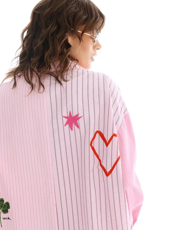 jumbled the tales lucky club shirt womens stripe pink collar button up star swan four leaf clover fun bright fashion australia orange nsw collaboration oversized cuff relaxed front pocket weekend wear workwear tenpin bowling pool cowboy denim jeans boots night out