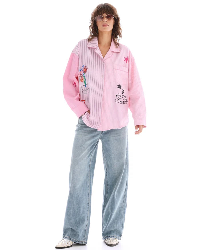 jumbled the tales lucky club shirt womens stripe pink collar button up star swan four leaf clover fun bright fashion australia orange nsw collaboration oversized cuff relaxed front pocket weekend wear workwear tenpin bowling pool cowboy denim jeans boots night out heart love red flowers