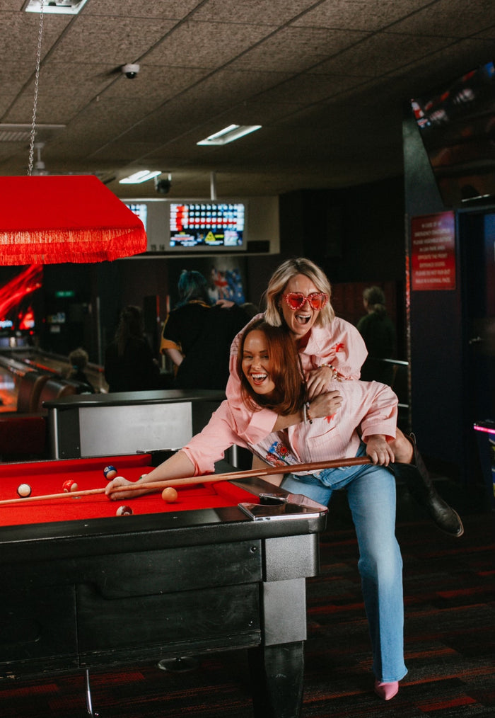 jumbled the tales lucky club shirt womens stripe pink collar button up star swan four leaf clover fun bright fashion australia orange nsw collaboration oversized cuff relaxed front pocket weekend wear workwear tenpin bowling pool cowboy denim jeans boots night out heart love red flowers