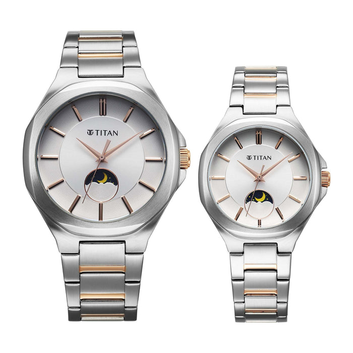 Titan Bandhan Quartz Analog Silver Dial Two Toned Stainless Steel Strap Watch For Couple 9400994209KM01