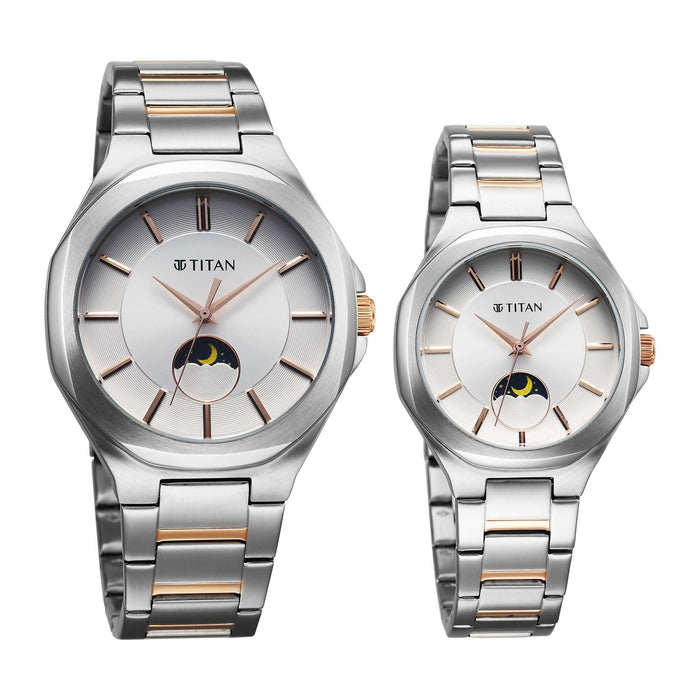 Titan Bandhan Quartz Analog Silver Dial Two Toned Stainless Steel Strap Watch For Couple 9400994209KM01