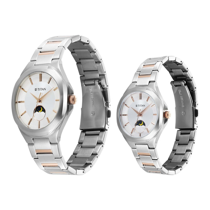 Titan Bandhan Quartz Analog Silver Dial Two Toned Stainless Steel Strap Watch For Couple 9400994209KM01