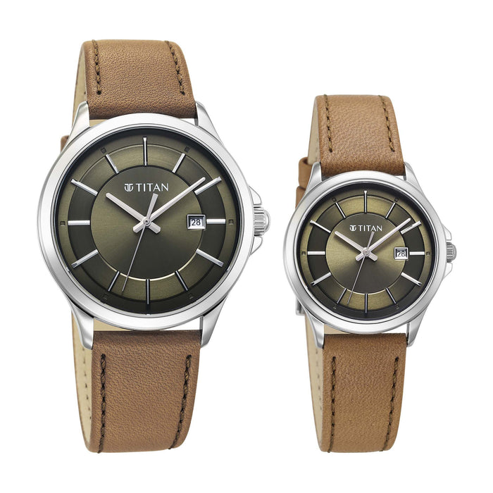Titan Bandhan Quartz Analog with Date Green Dial Silver Stainless Steel Strap Watch For Couple 9401194211SL01