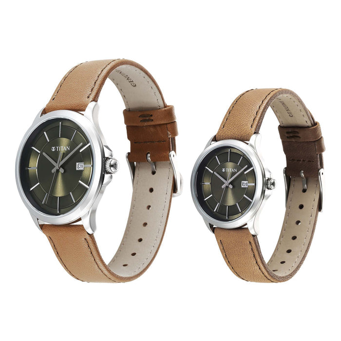 Titan Bandhan Quartz Analog with Date Green Dial Silver Stainless Steel Strap Watch For Couple 9401194211SL01